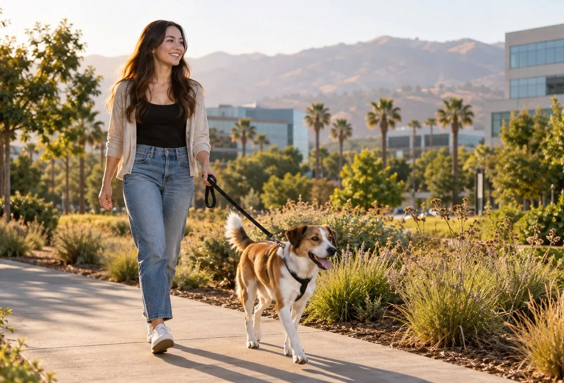Owner walking a dog on a landscaped path near buildings and distant hills